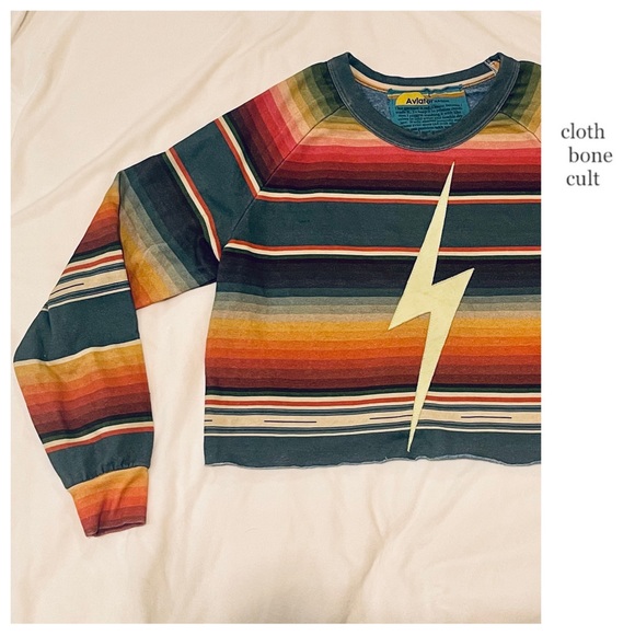 AVIATOR NATION 🌈 Blue Serape Stripe Lightning Bolt Cropped SWEATSHIRT - Picture 3 of 5